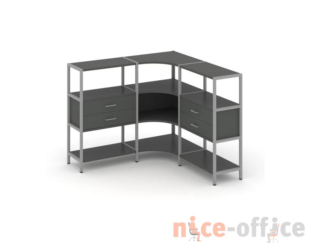 Трехсекционный угловой стеллаж трехярусный с ящиками 1590х1590х1246 Шелф Систем / Shelf System